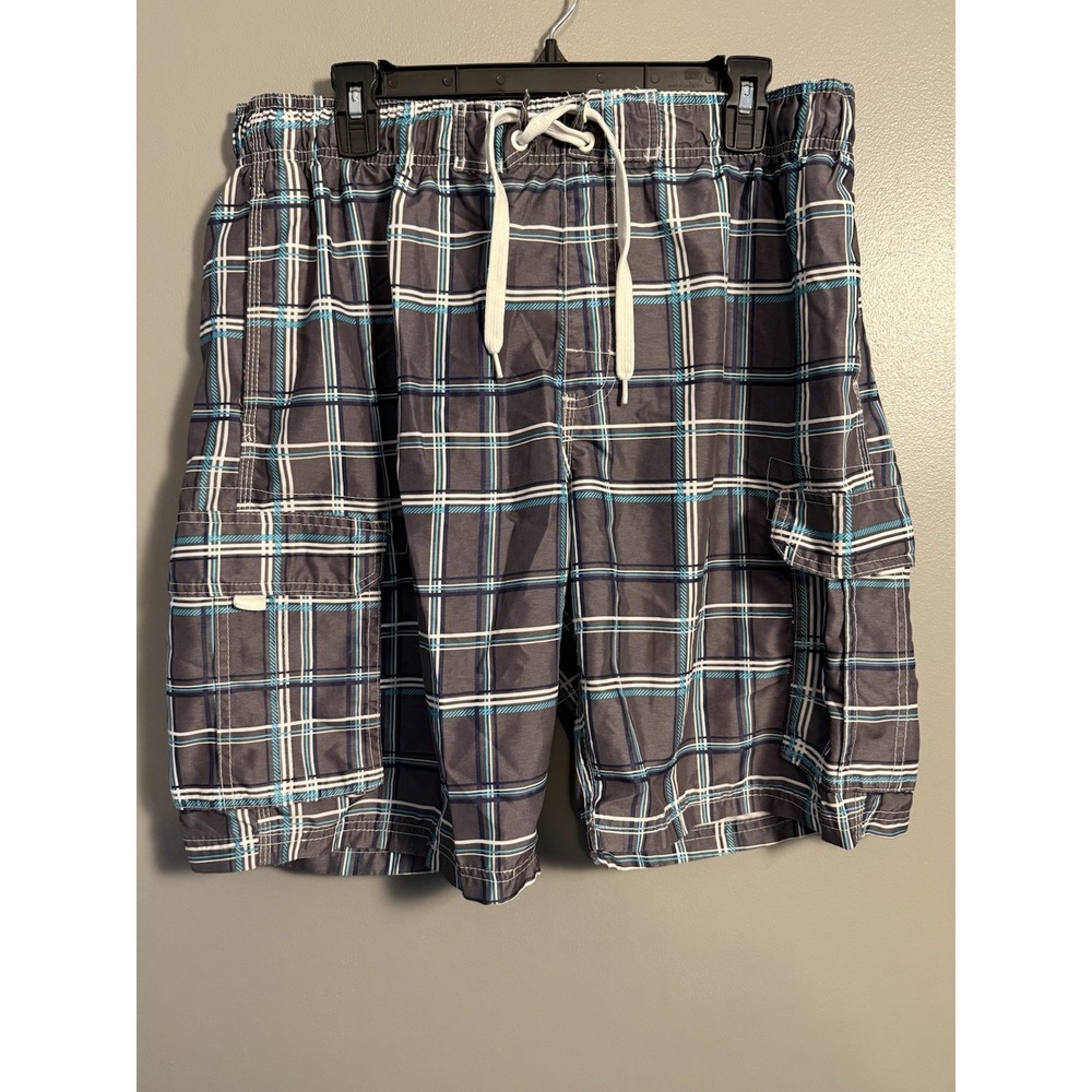 Kanu Surf Swim Trunks Lining Blue Gray Striped Strings Mens Size Large